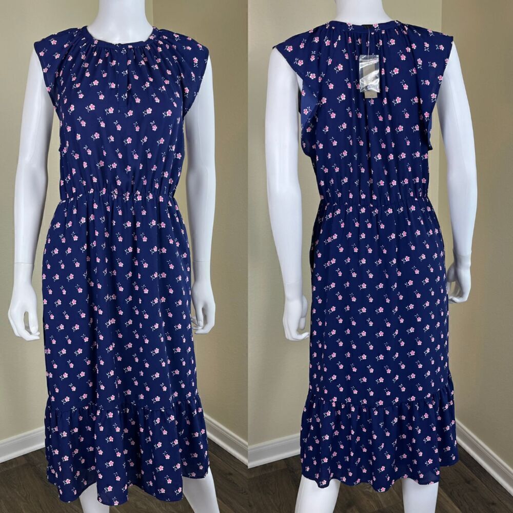 J.Crew Women's Size S Blue Ditsy Floral Midi NEW Sheath Tiered Dress Cottagecore